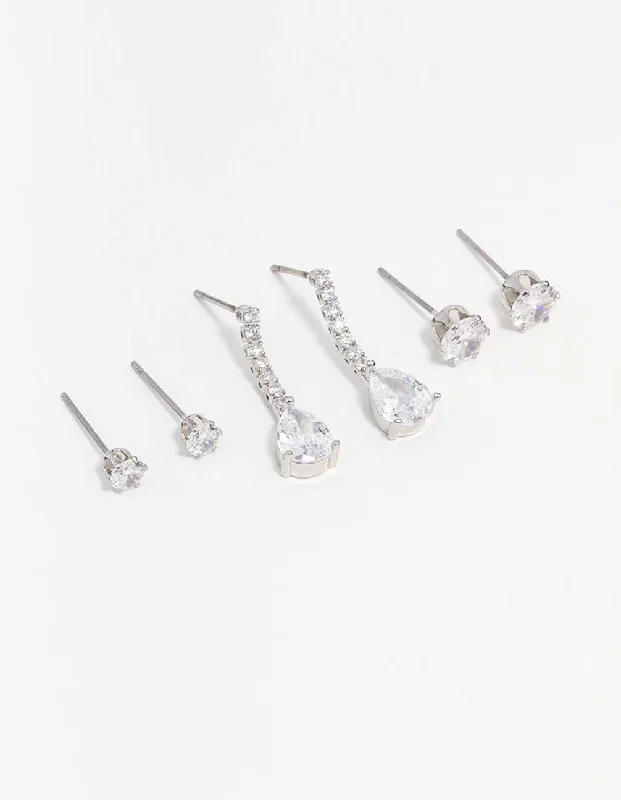 Vibrant enamel earrings-Silver Cubic Zirconia Stud & Drop Earrings 3-Pack