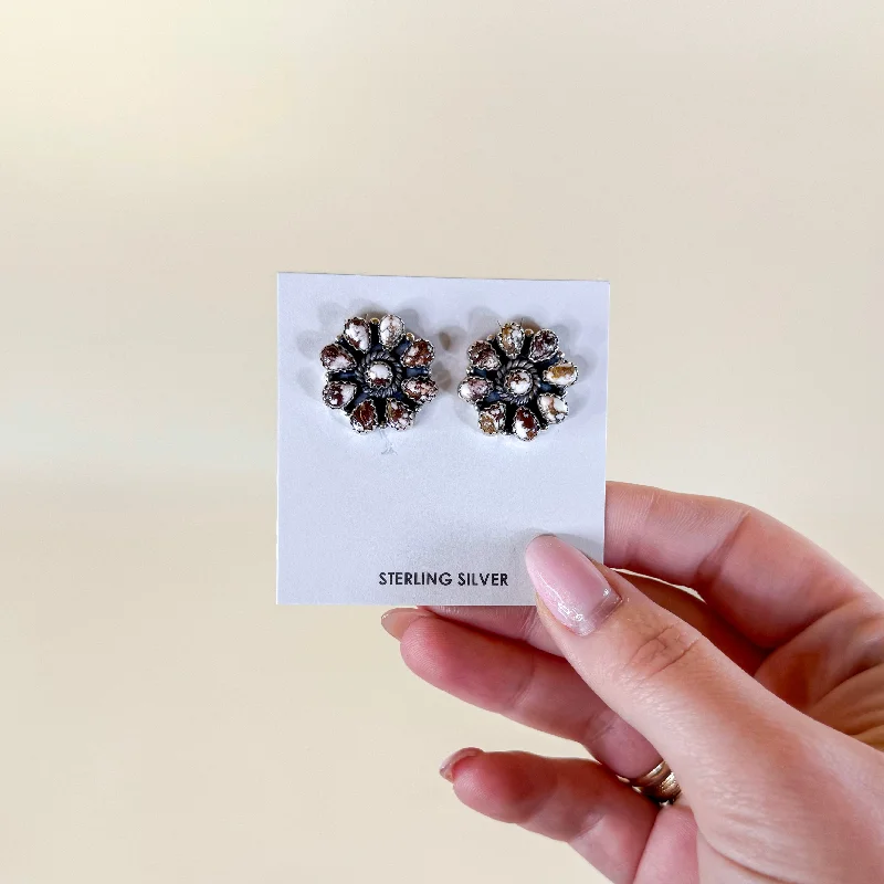 Light clay earrings-Hada Collection | Handmade Sterling Silver Flower Cluster Stud Earrings with Wild Horse Remix Stones