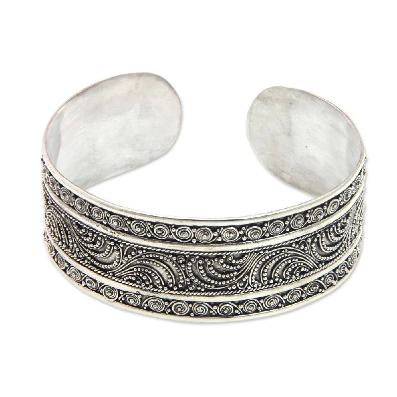 Textured metal bangles-Handmade Sterling Silver 'Dancing Waves' Cuff Bracelet (Indonesia)