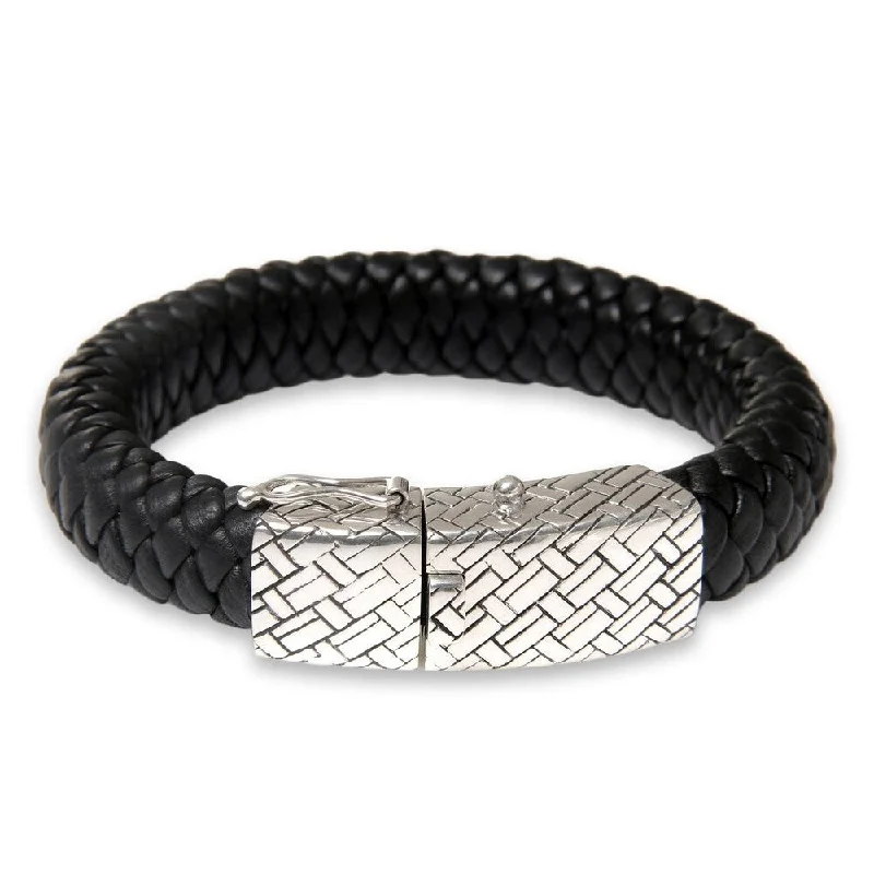 Regency style bangles-Handmade Sterling Silver Men's Emperor Leather Bracelet(Indonesia)