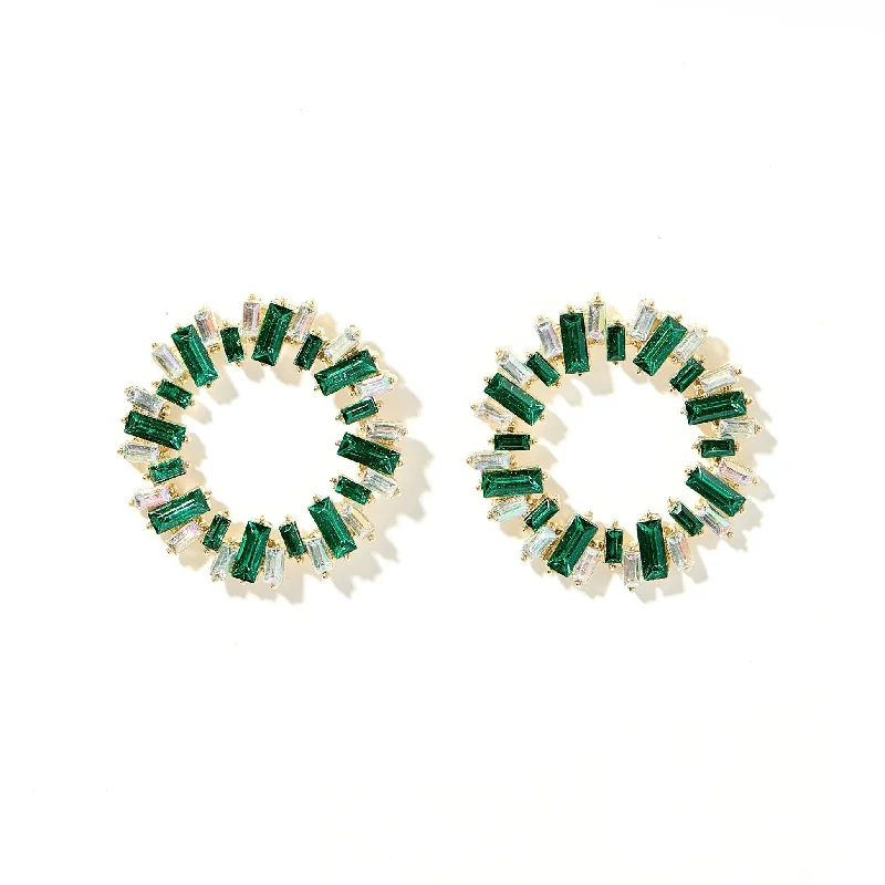 Curved design earrings-Linny Co | Whitney Gold Tone Circular Earrings with Crystal Accents in Green