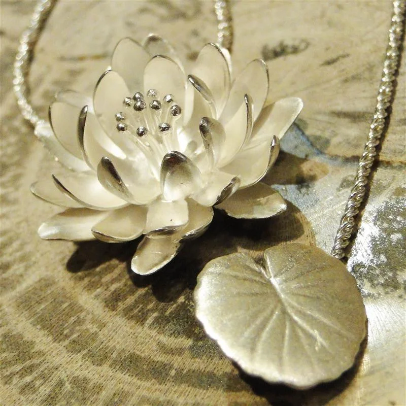 Sapphire gem necklaces-Large Water Lily Sterling Silver Pendant Necklace