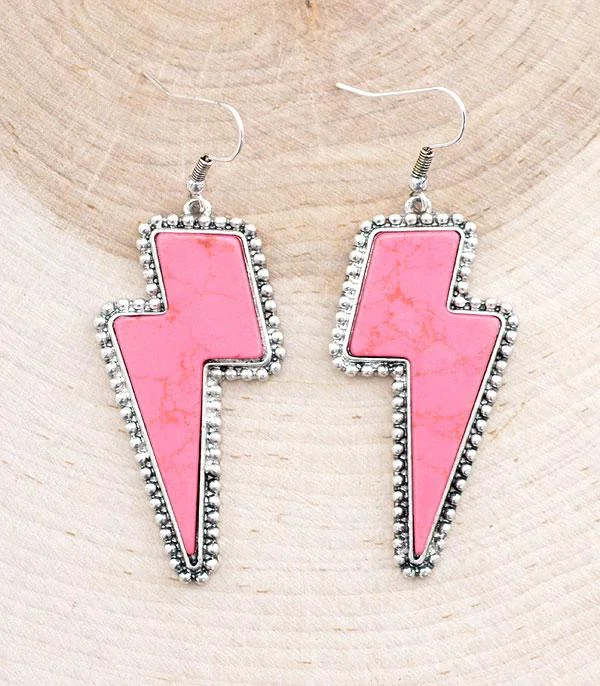 Light clay earrings-Pink Lightning Bolt Semi Stone Earrings