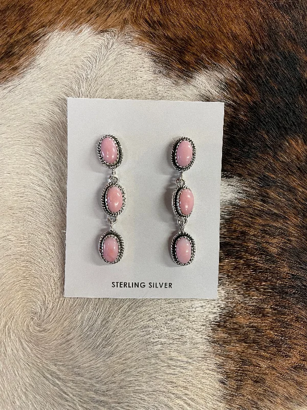 Polished bead earrings-Pink Opal 3 Stone Dangle Earrings