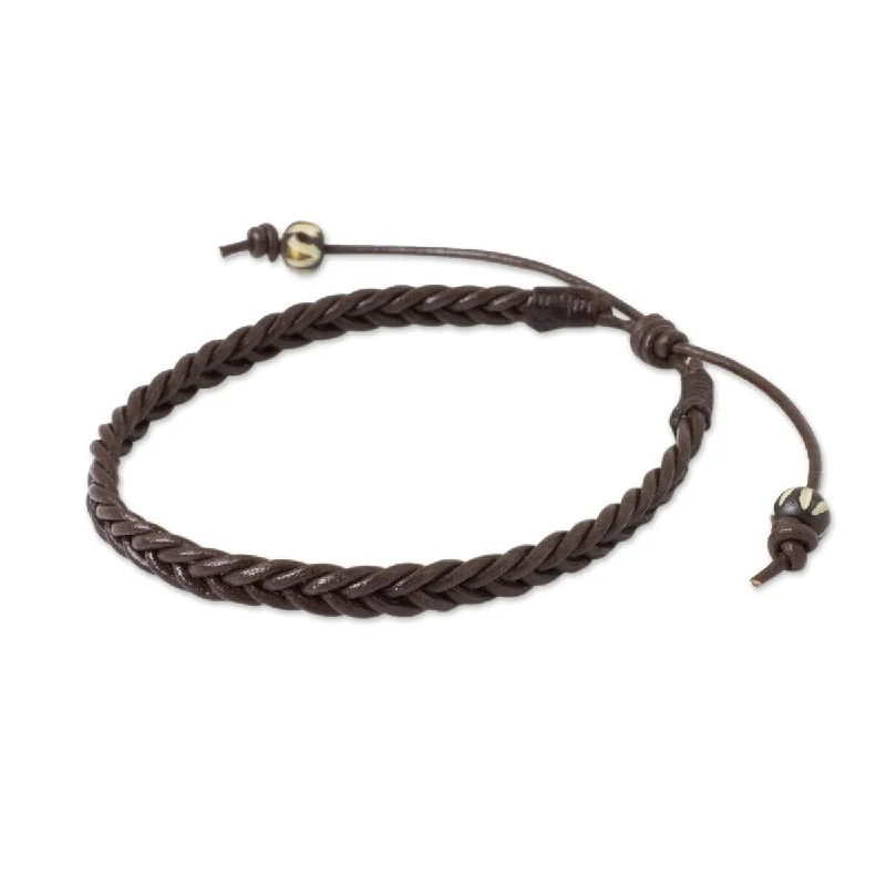 Pure form bangles-Handmade Men's Leather 'Single Brown Braid' Bracelet (Thailand)