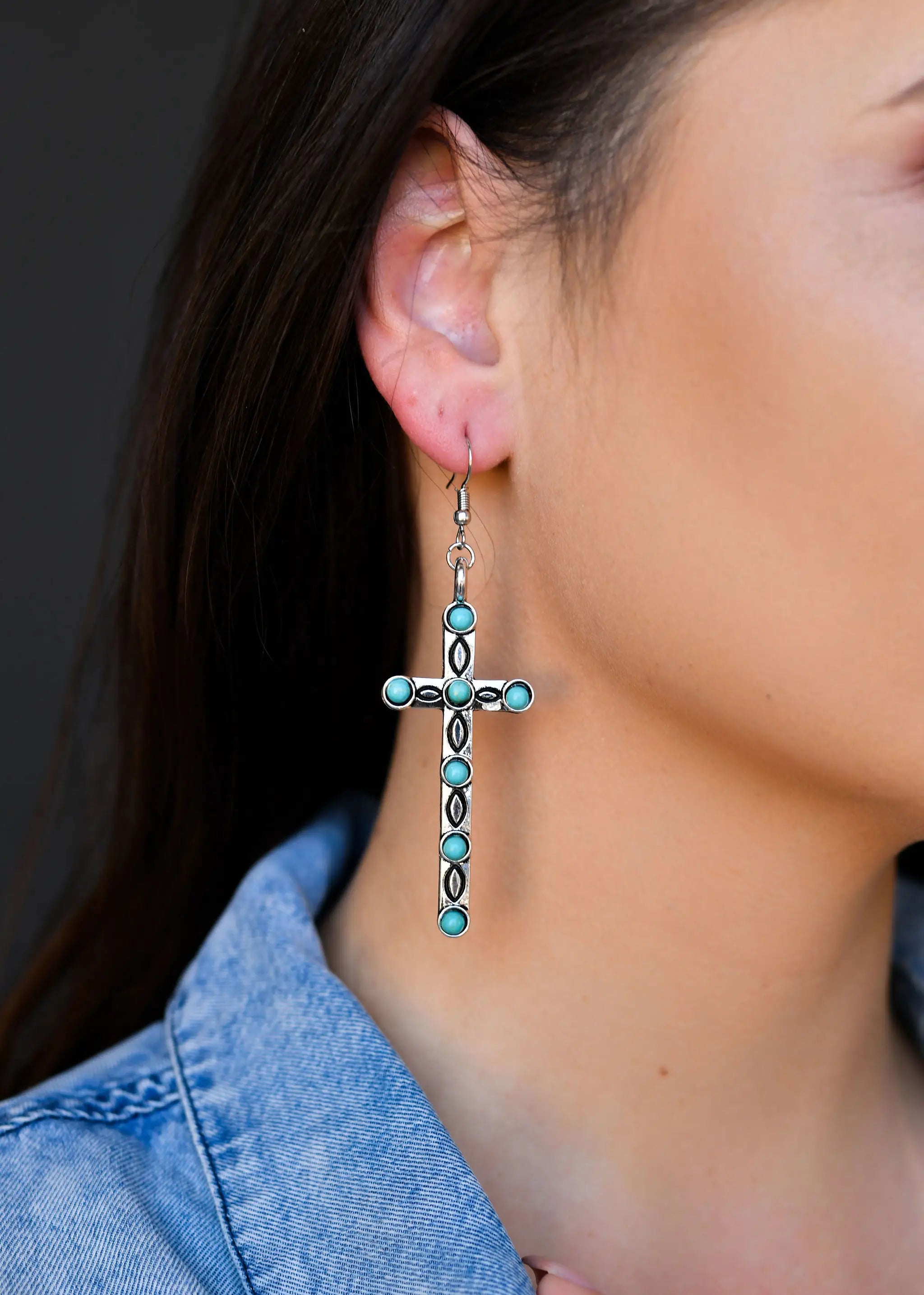 Polished bead earrings-Silver Stamped Cross Earring with Turquoise Accents