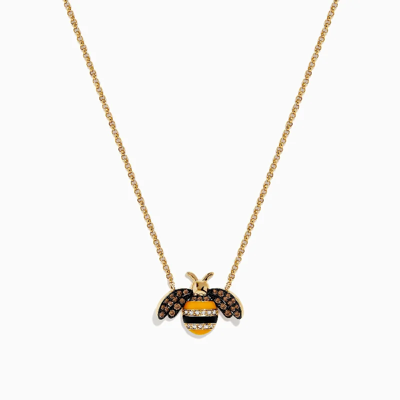 Spinel necklaces-Novelty 14K Yellow Gold Espresso and White Diamond Bee Necklace