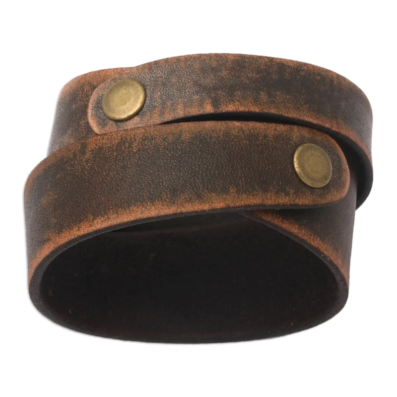 Firm clasp bangles-Handmade Men's Leather 'Strong Coffee' Wrap Bracelet (Indonesia)