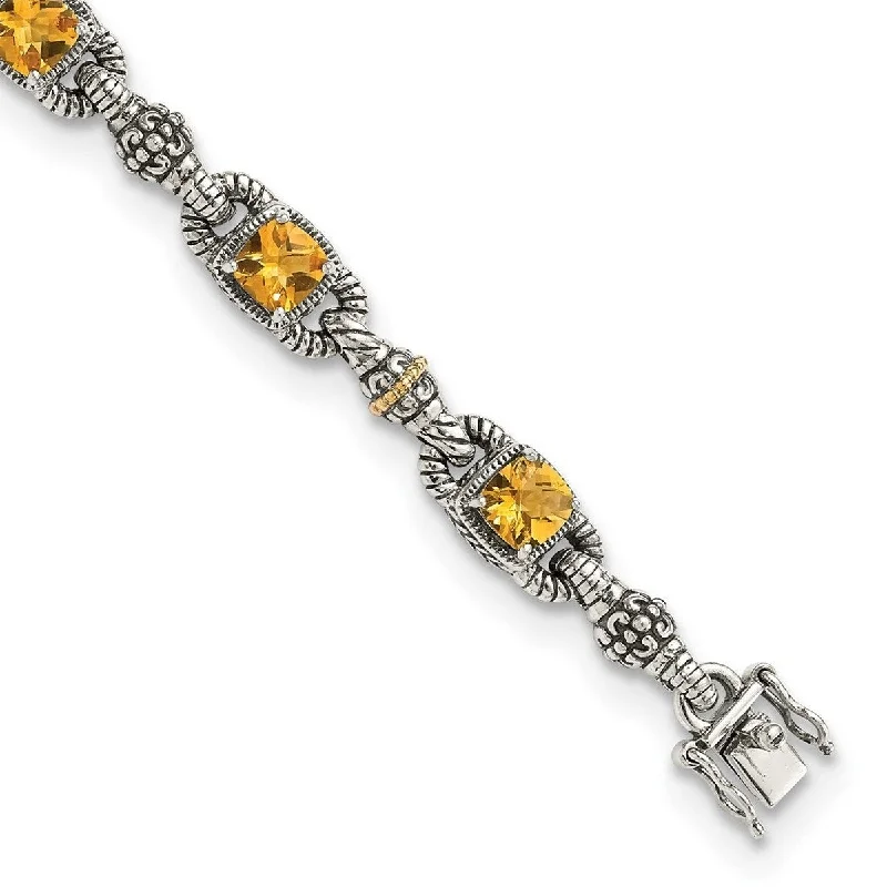 Glossy silver bangles-Curata 925 Sterling Silver Polished Prong set Box Catch Closure With 14k 5.14Citrine 7.25inch Bracelet