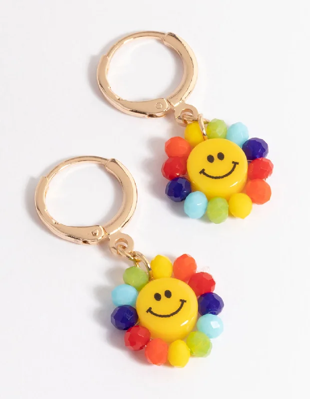 Large hoop earrings-Gold Rainbow Smiley Huggie Earrings