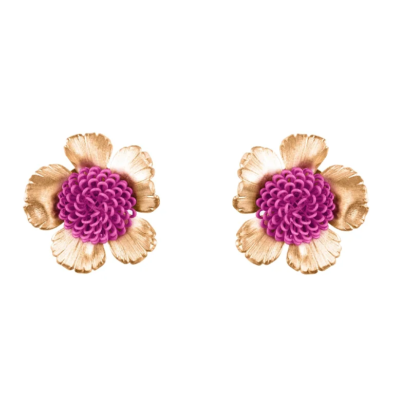 Warm clay earrings-Fucsia Floral Pompom Earrings