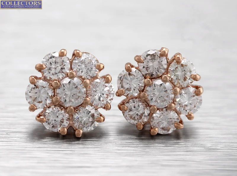 Quirky pair earrings-Lovely Ladies Estate 14K Rose Gold 2.41ctw Diamond Cluster Stud Earrings