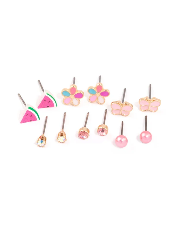 Patina brass earrings-Kids Pink Watermelon & Flower Stud Earrings 6-Pack