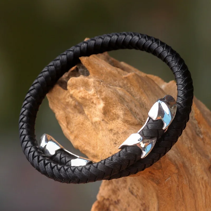 Open frame bangles-Handmade Men's Leather Sterling Silver 'Tribal Aesthetic' Bracelet (Indonesia)