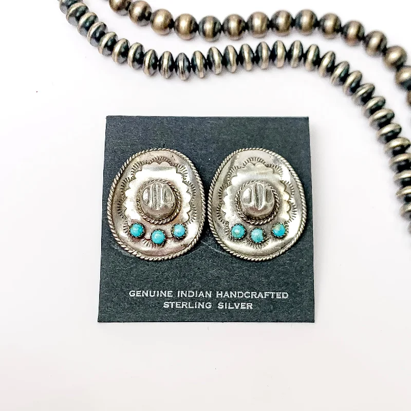 Thin bead earrings-Pam Benally | Navajo Handmade Sterling Silver Cowgirl Hat Stud Earrings with Three Small Turquoise Stones