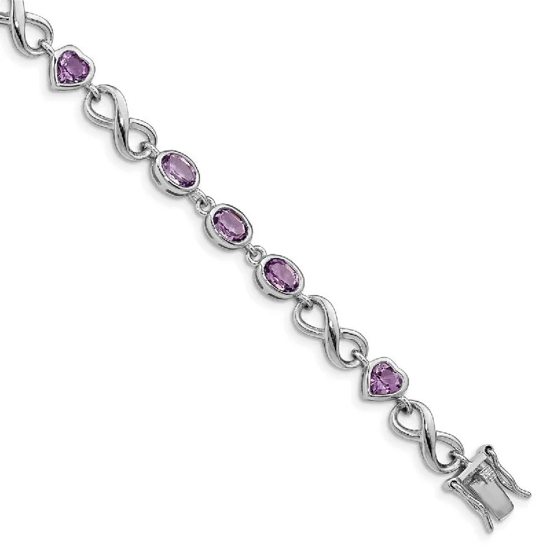 Bead charm bangles-Curata 925 Sterling Silver Polished Box Catch Closure Oval Love Heart Amethyst Bracelet