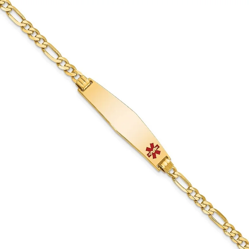 Swirl shape bangles-Curata 14k Yellow Gold 8.5mm Engravable Medical Red Enamel Flat Figaro Link ID Bracelet