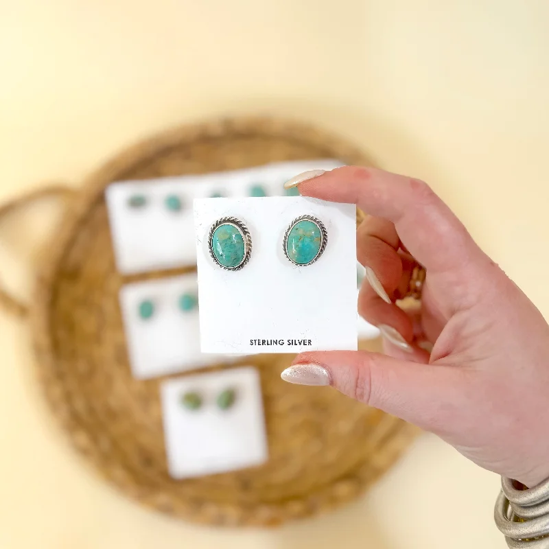 Polished bead earrings-Elouise Kee | Navajo Handmade Sterling Silver Oval Stud Earrings with Kingman Turquoise