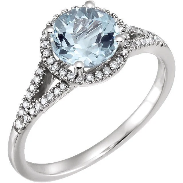 Victorian style engagement rings-14KT WHITE GOLD 1.60 CT AQUAMARINE & 1/6 CTW DIAMOND HALO RING