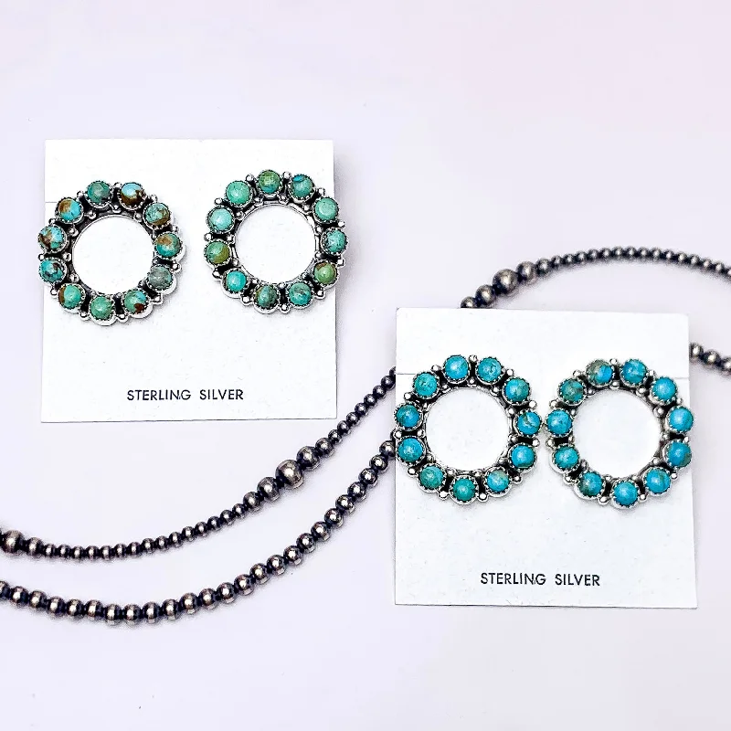 Fine star earrings-Hada Collection | Handmade Sterling Silver Circle Stud Earrings with Kingman Turquoise Stones