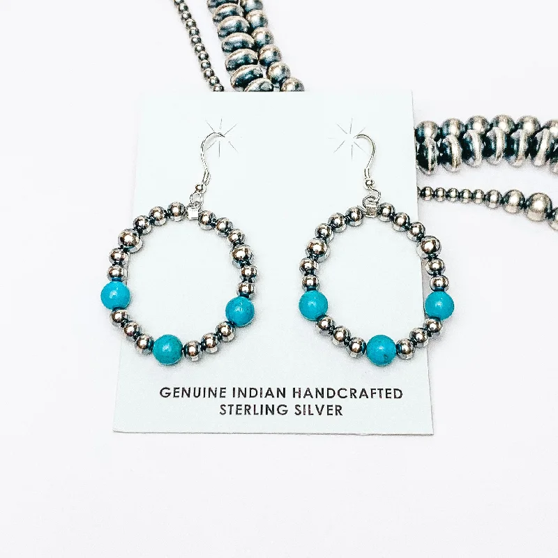 Tide theme earrings-Mason Lee | Navajo Handmade Sterling Silver Navajo Pearl and Sleeping Beauty Turquoise Triple Stone Hand Strung Circle Earrings