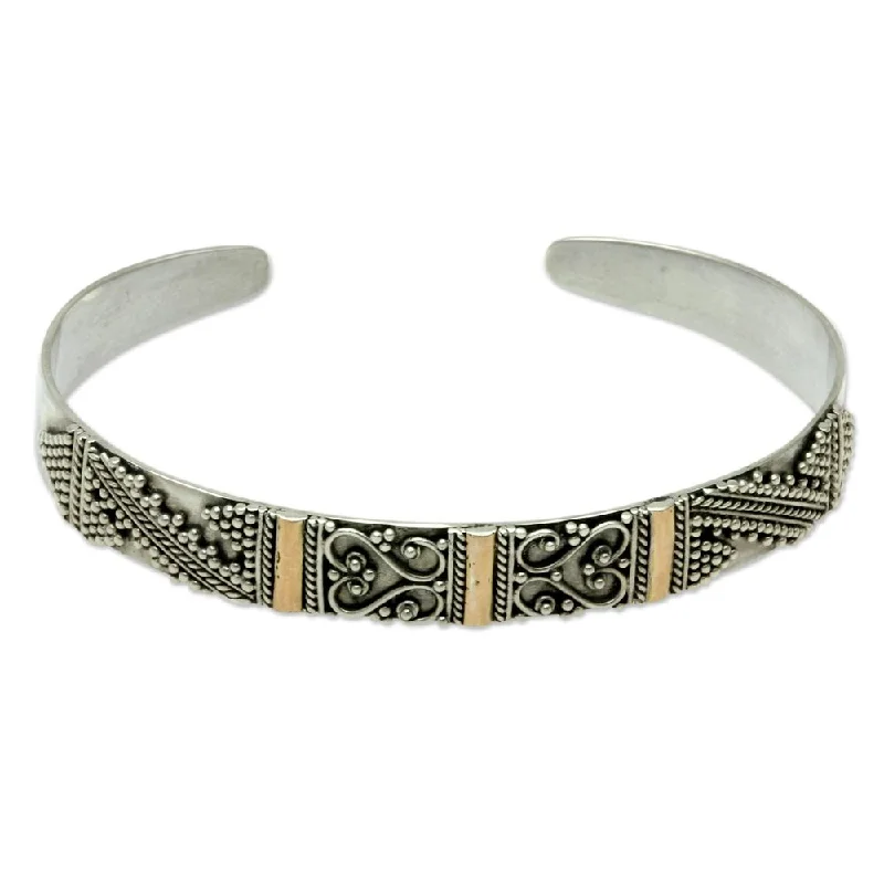 Dual-tone bangles-Handmade Gold Accent Cuff Bracelet, 'Blossoming Heart' (Indonesia)