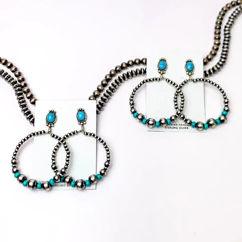 Solid hoop earrings-Navajo | Navajo Handmade Sterling Silver Studded Navajo Pearl Hoop Earrings with Turquoise Spacers