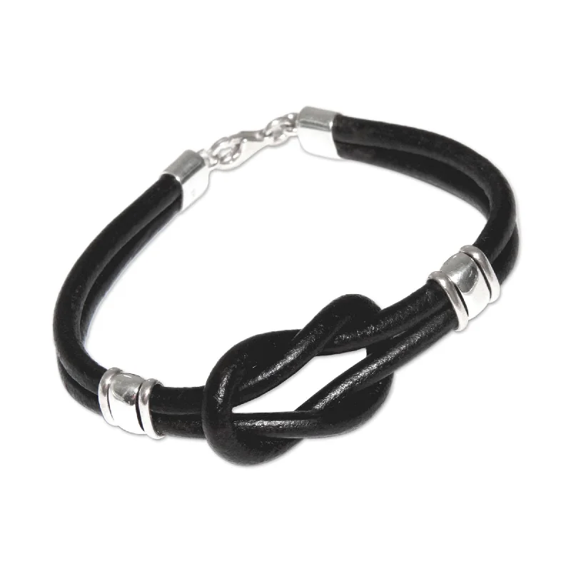 Swirl pattern bangles-Handmade Twin Knots Sterling Silver Black Leather Bracelet (Peru)