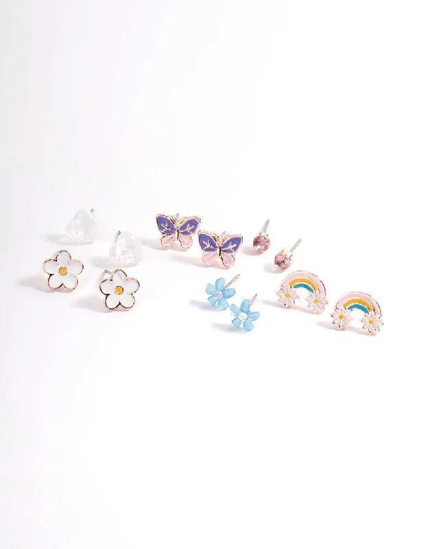 Coiled cord earrings-Kids Flower Rainbow Stud Earrings 6-Pack