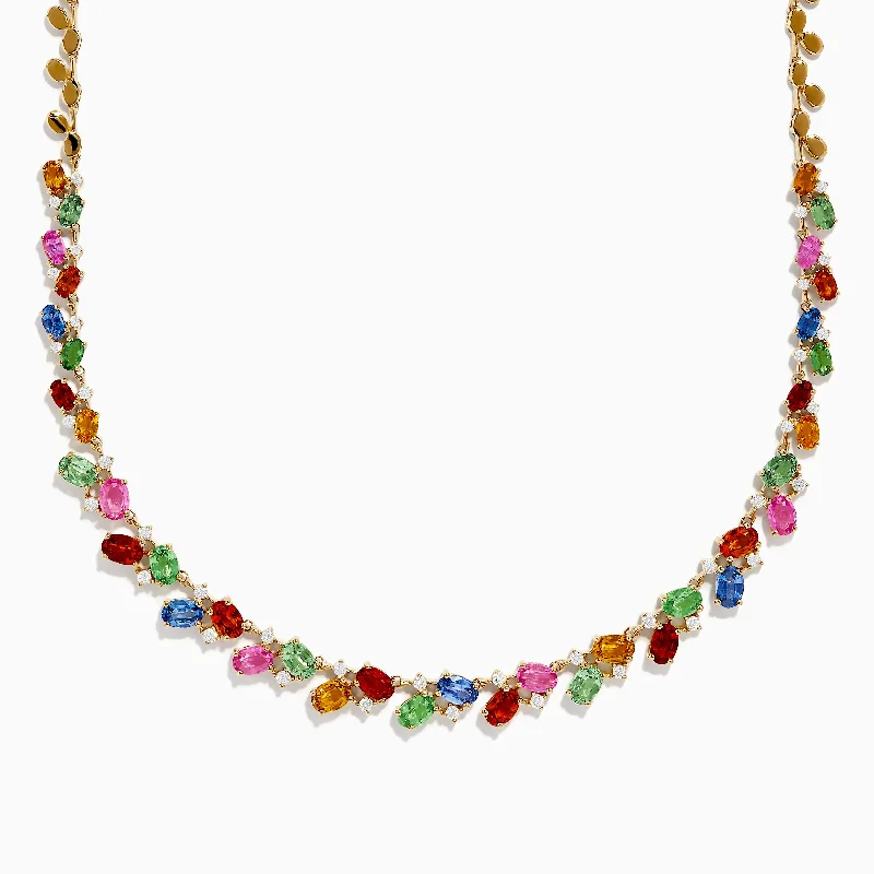 Art deco necklaces-Watercolors 14K Yellow Gold Multi Sapphire and Diamond Necklace