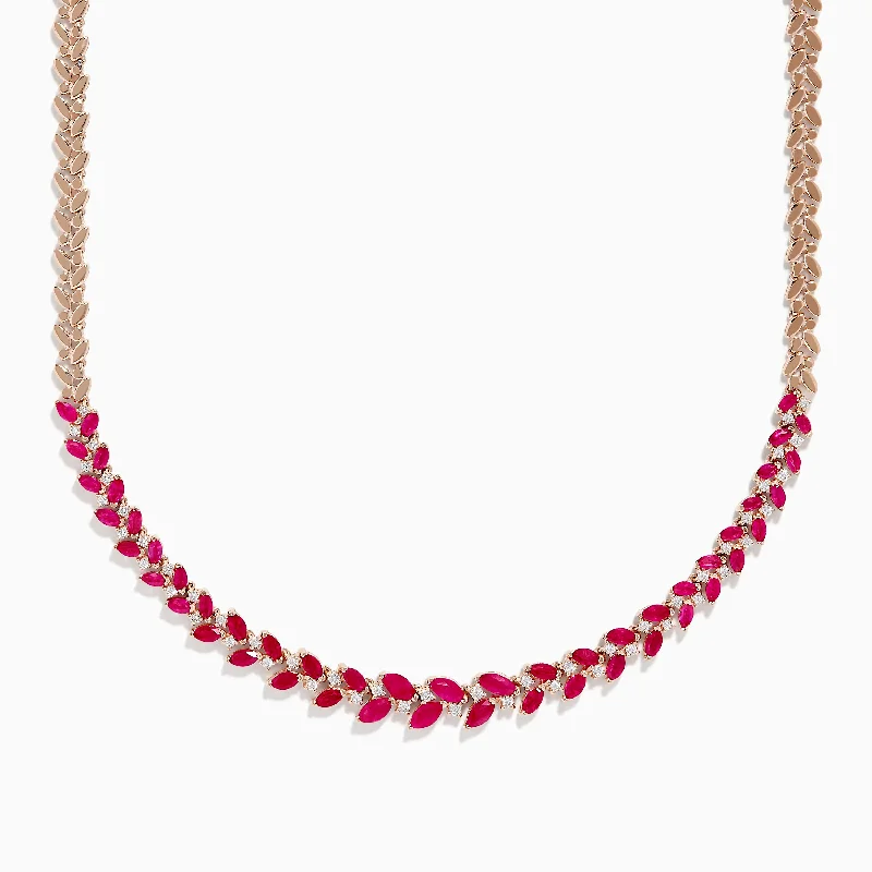 Petal design necklaces-Ruby Royale 14K Yellow Gold Ruby and Diamond Leaf Necklace