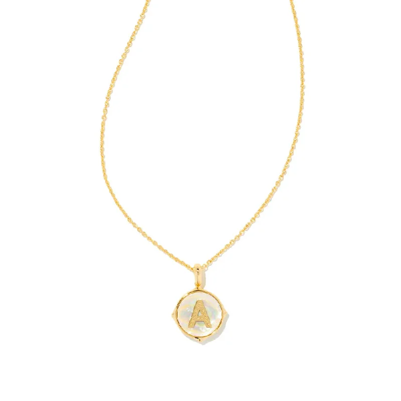 Twist clasp necklaces-Kendra Scott Letter Gold Disc Reversible Pendant Necklace in Iridescent Abalone