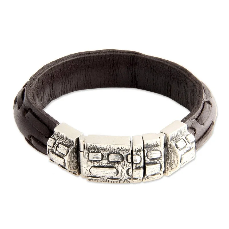 Cool wood bangles-Handmade Sterling Silver Men's Woodsman Leather Bracelet (Indonesia)