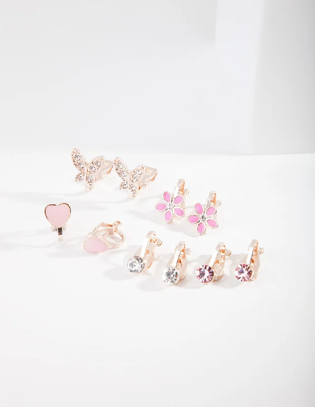 Astro charm earrings-Kids Rose Gold Hearts & Flowers Clip Earring 5-Pack