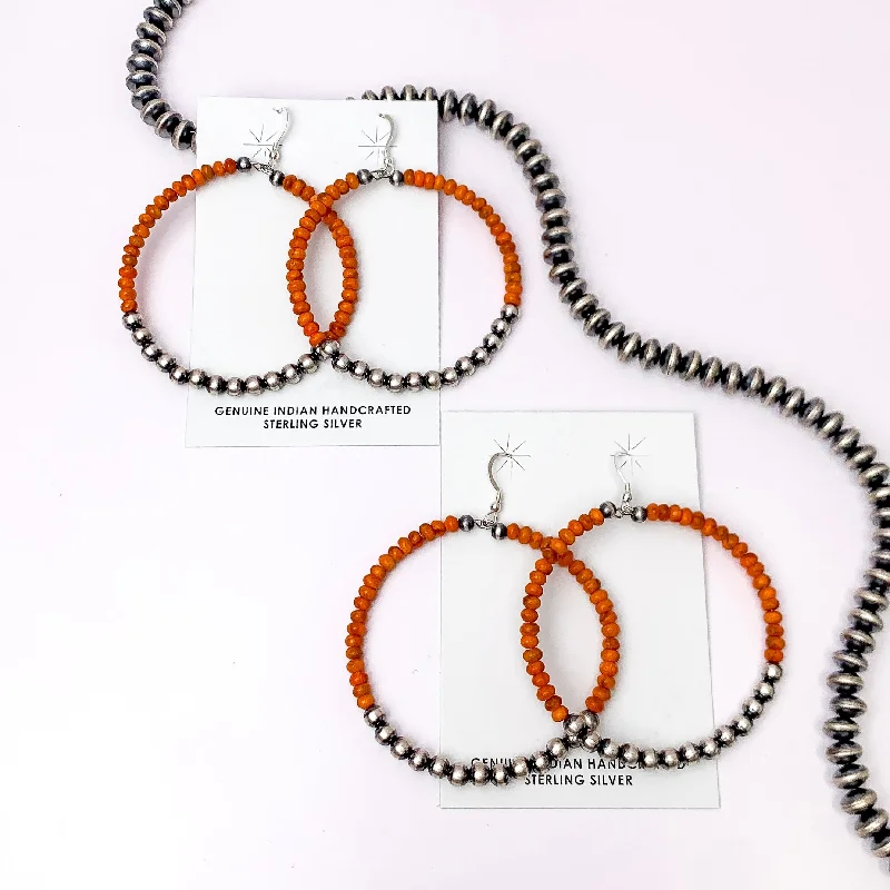 Solid hoop earrings-Navajo | Navajo Handmade Sterling Silver Navajo Pearl Hoop Earrings with Orange Beads