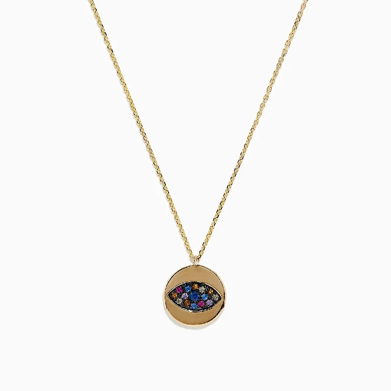 Wide bib necklaces-14K Yellow Gold Multi Sapphire and Diamond Evil Eye Necklace, 0.29 TCW