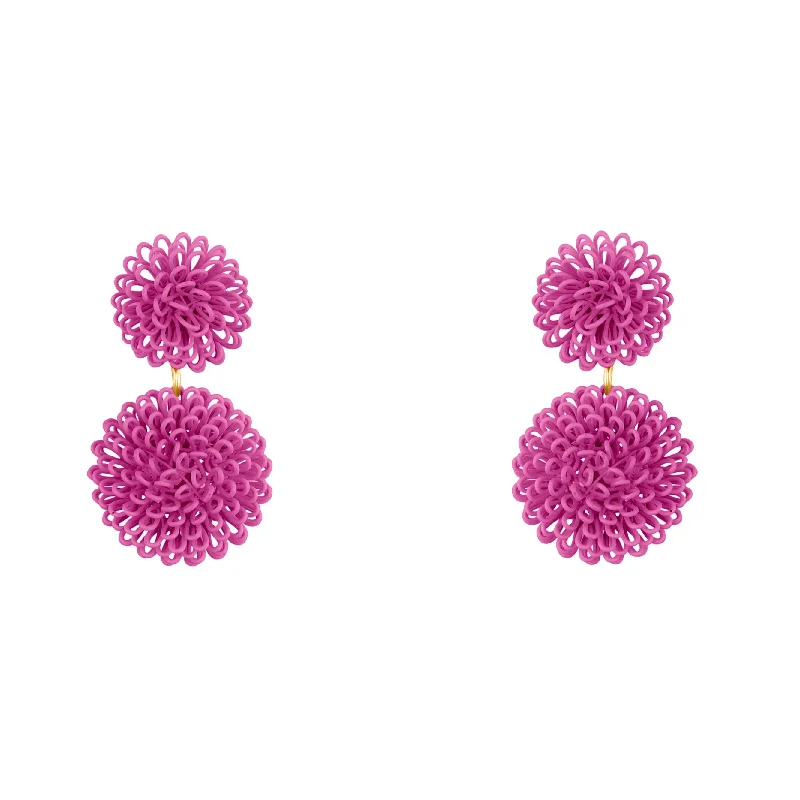 Agate gem earrings-Double Fuchsia Pompom Rainbow