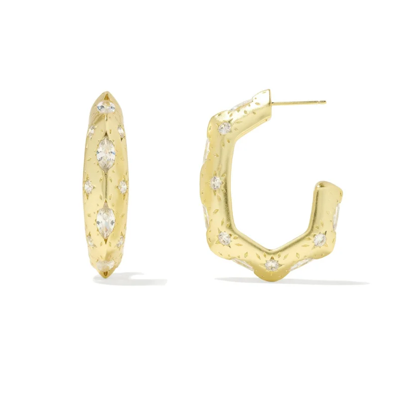 Fine heart earrings-Kendra Scott | Holland Hoop Earrings in Gold White Crystal