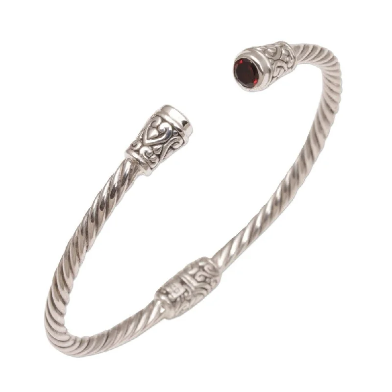 Thai tile bangles-Handmade Sterling Silver Spiral Temple Garnet Bracelet (Indonesia)