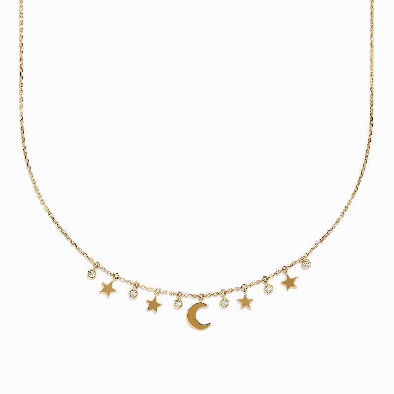 Wide link necklaces-Novelty 14K Yellow Gold Diamond Moon and Stars Necklace