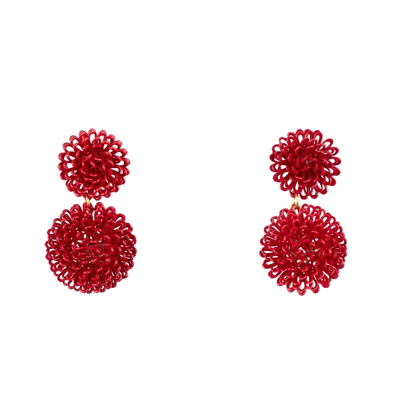 Vivid gem earrings-Double Red Pompom Rainbow