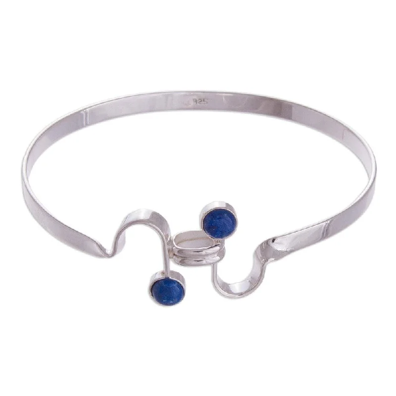 Shiny word bangles-Handmade Sterling Silver 'Opposites Attract' Lapis Lazuli Bracelet (Peru)