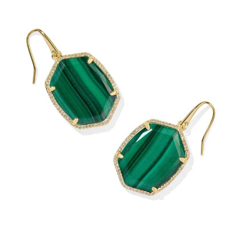 Topaz stone earrings-Kendra Scott | Daphne Pave Frame Gold Drop Earrings in Green Malachite