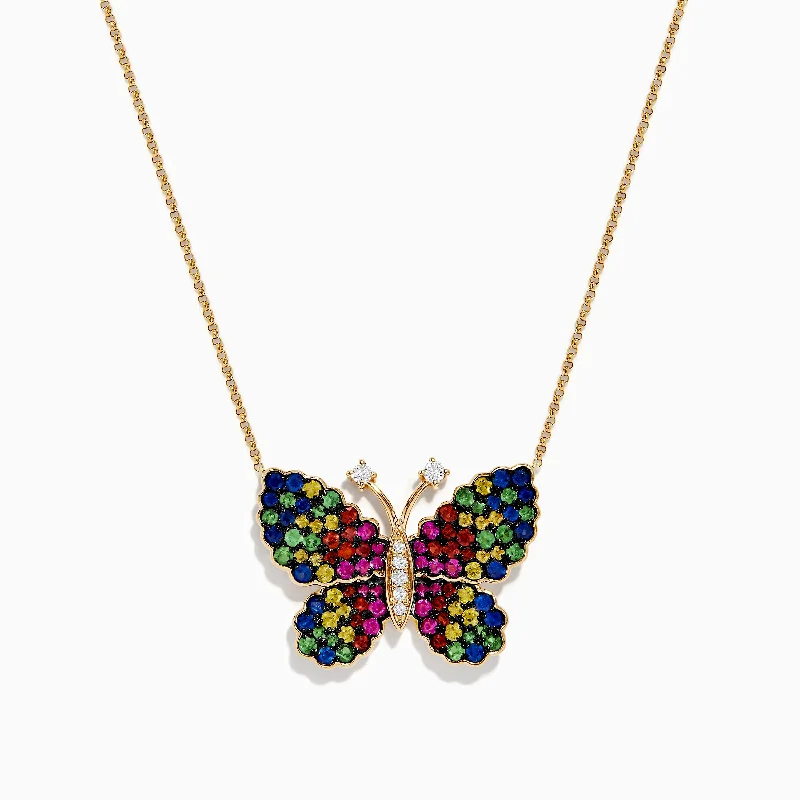 Fox charm necklaces-Watercolors 14 Karat Yellow Gold Multi Sapphire Butterfly Necklace