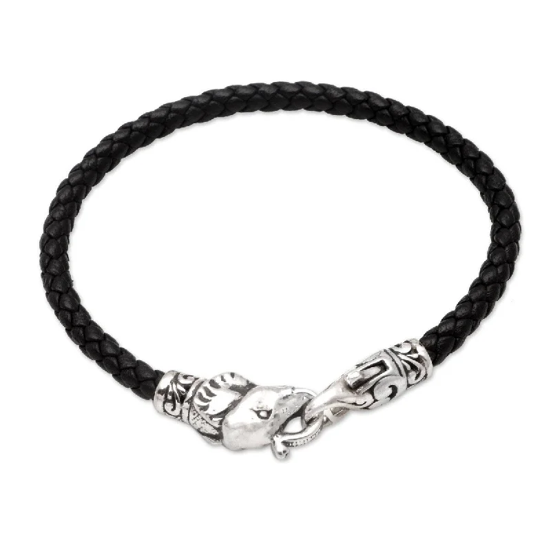 Coiled thread bangles-NOVICA Elephant Clasp, Sterling silver and leather cord bracelet