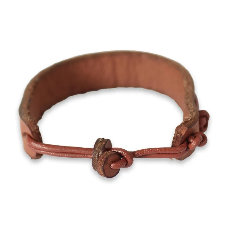 Surf theme bangles-Men's Leather Brass 'Stand Together in Tan' Bracelet (Ghana)