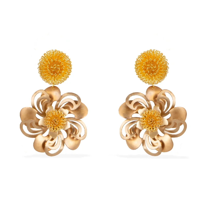 Stellar glow earrings-Gold Pompom Flower Earrings