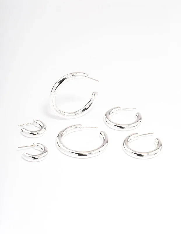 Fine heart earrings-Silver Puffy Mixed Hoop Earrings Pack