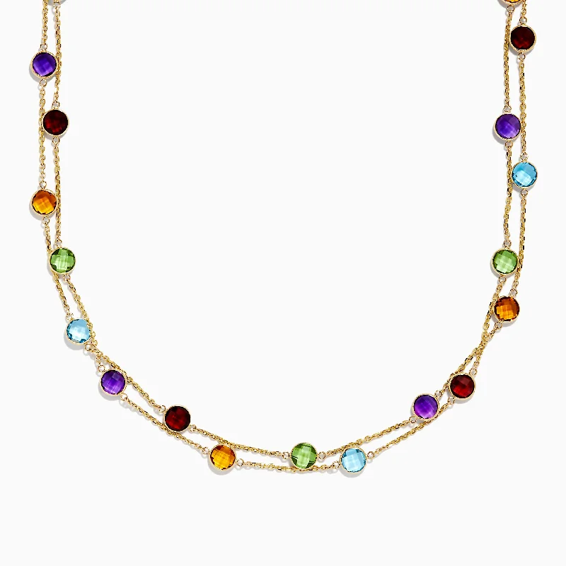 Wide bib necklaces-14K Yellow Gold Multi Gemstone Station Necklace, 28.93 TCW