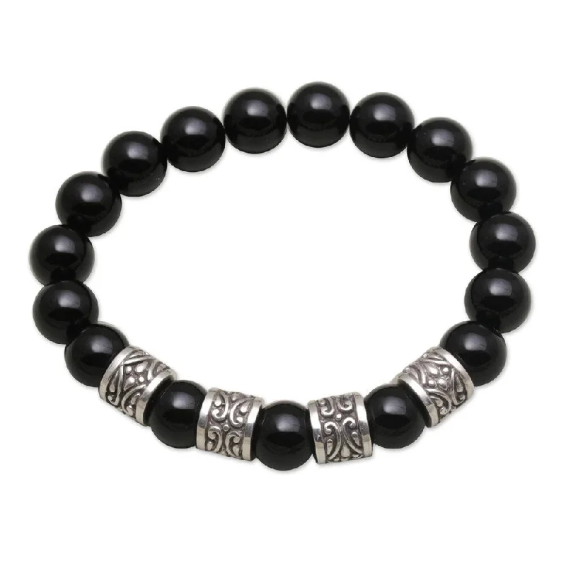 Bead charm bangles-Handmade Men's Sterling Silver Shrine Shadow Onyx Bracelet (Indonesia)